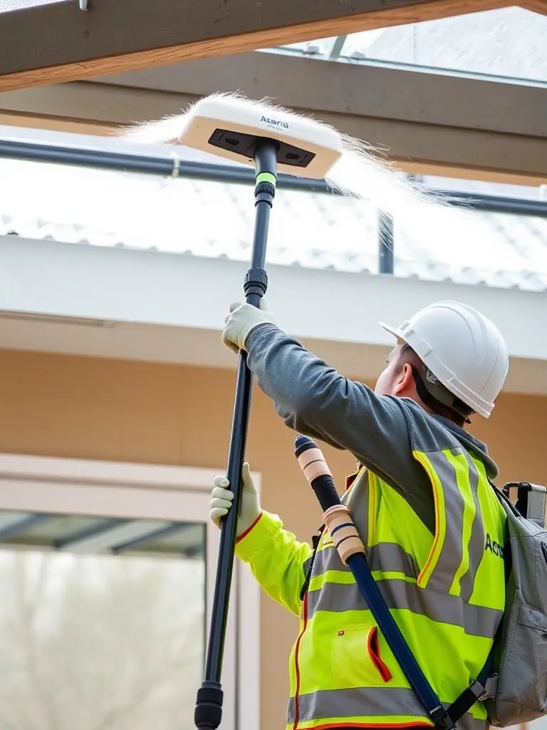 A photo of an AstraPro technician using a telescopic pole with a specialized cleaning head to reach and clean the high or difficult-to-access areas of a winter garden roof. Safety equipment is visible.
