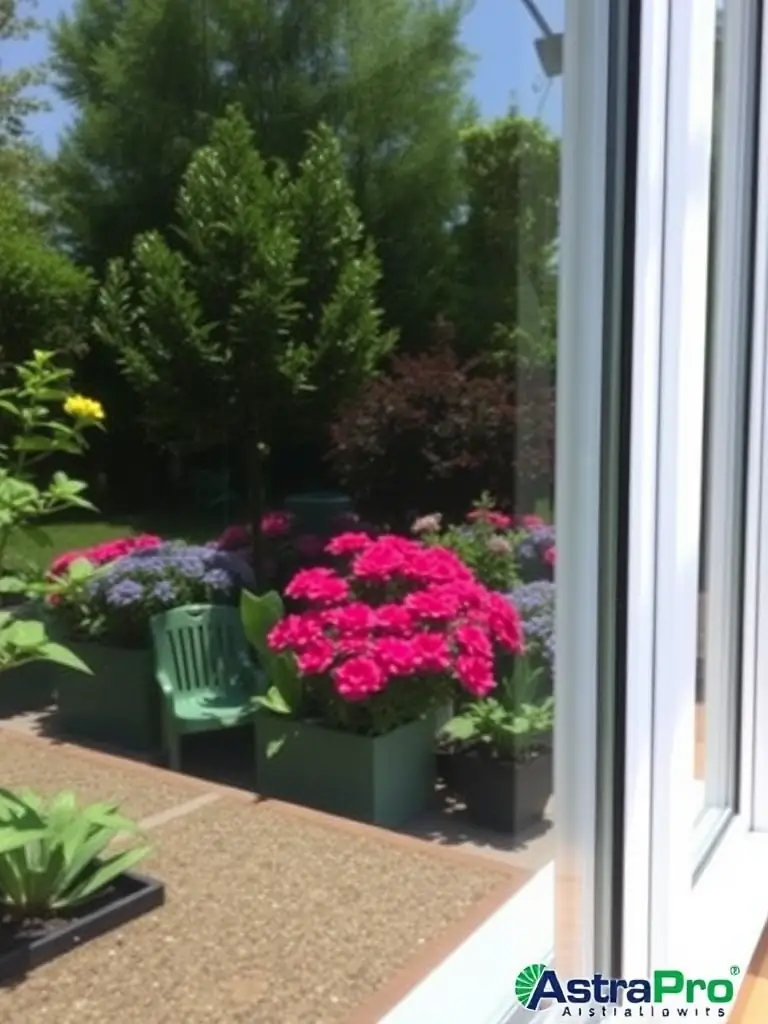 An image showing the reflection of a spotless winter garden glass panel after cleaning, highlighting the clarity and shine achieved by AstraPro's cleaning process. The surrounding garden is visible in the reflection.