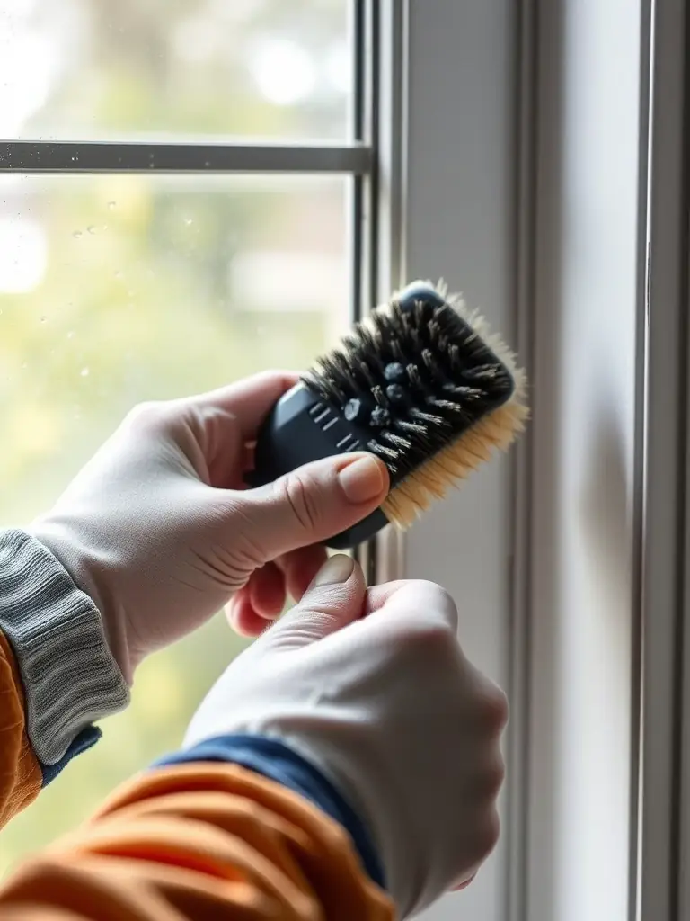 A close-up shot of an AstraPro technician using a soft brush to remove dirt and debris from the frame of a winter garden window. The focus is on the detail and care taken to avoid scratching or damaging the surface.
