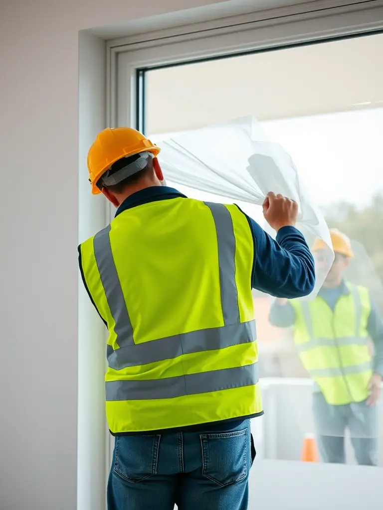 A photo of a construction worker carefully removing protective film from a newly installed window, showcasing attention to detail during Baureinigung.