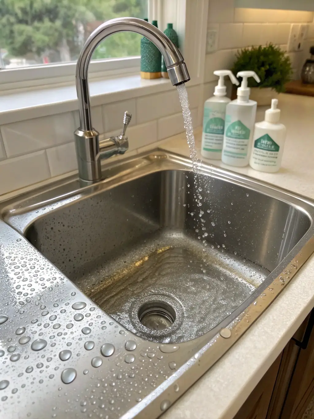 A close-up photo of a spotless, newly installed sink and countertop in a kitchen, emphasizing the final result of the Baureinigung.