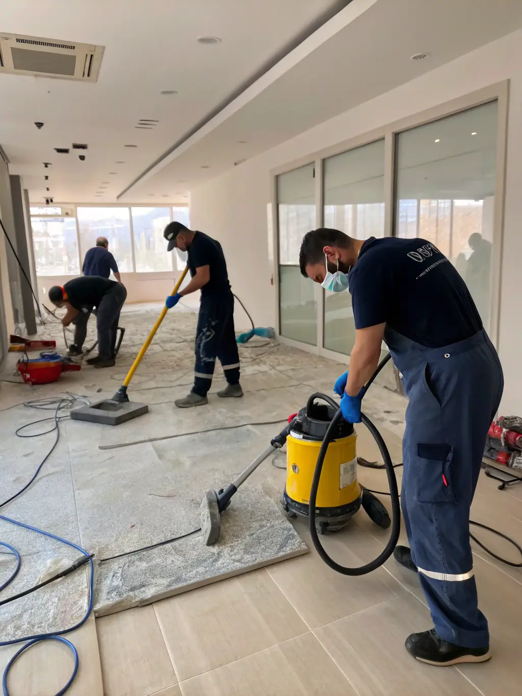A photo of a cleaning team scrubbing and polishing floors in a newly renovated bathroom, highlighting the final cleaning stages.