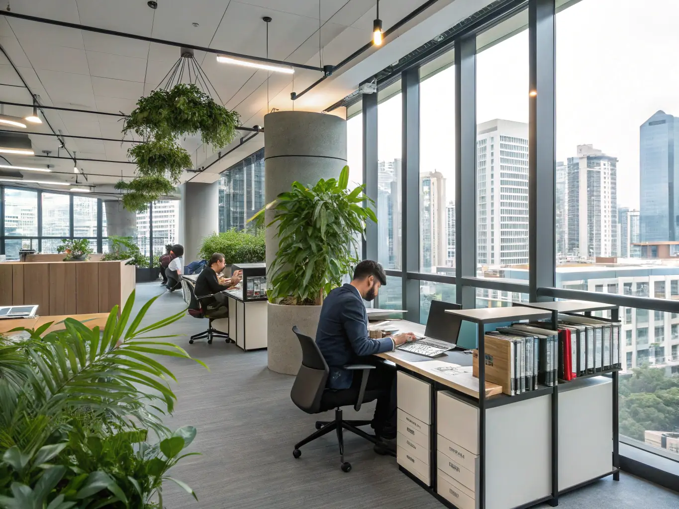 A modern office space with employees working comfortably in a nicotine-free environment, highlighting the positive impact on productivity and employee well-being after AstraPro's cleaning service.